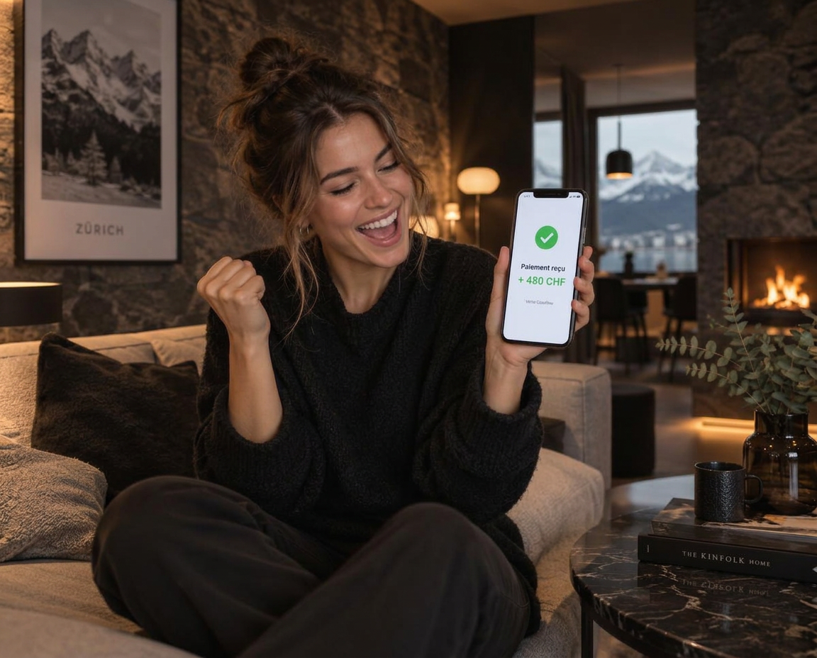 Une jeune femme ravie reçoit le paiement de sa vente sur son téléphone